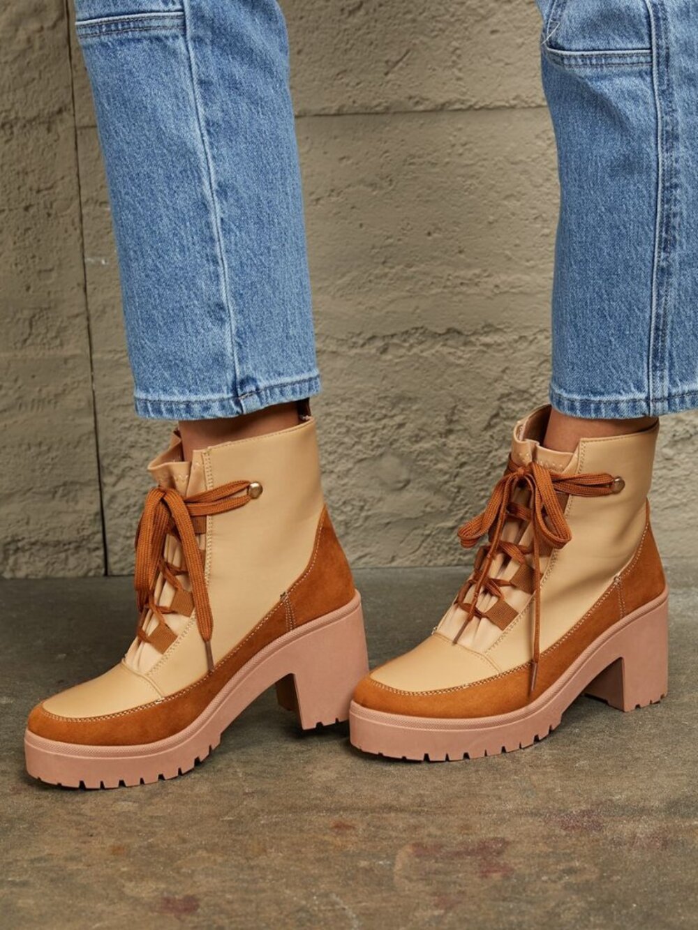 Khaki Lace-Up Lug Boots | Two-Tone Platform Ankle Booties